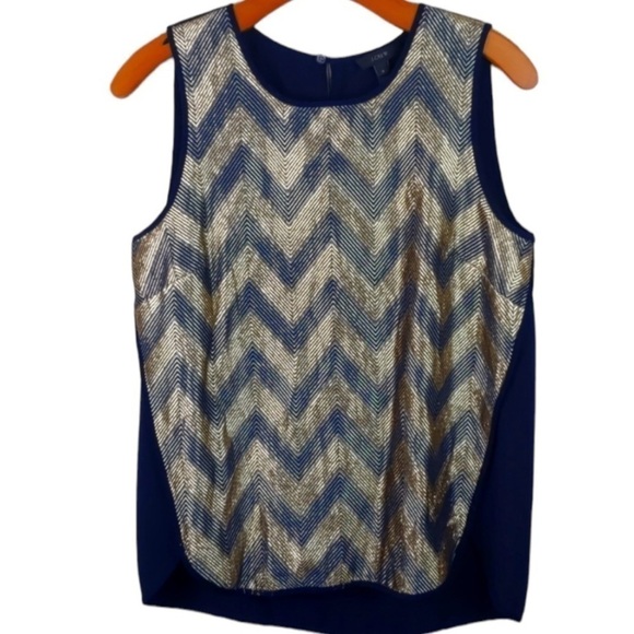 J Crew Tank Top Wool Mixed Metallic Blue Gold Gilded Chevron Shell Blouse Size 6 - Picture 5 of 11
